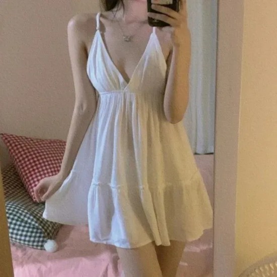 Fashion Cool Vacation Summer Elegant Women Solid Color Spaghetti Strap Swing Sling Dress