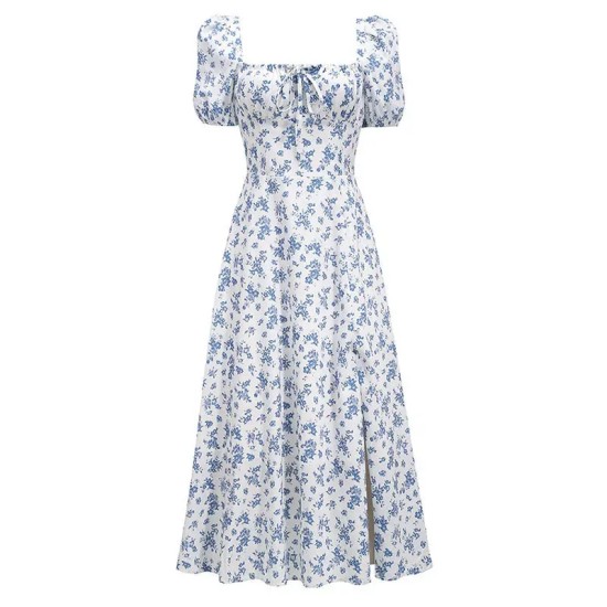 Vacation Summer Women Square Collar Puff Sleeve Tiny Flower Side Slit Midi Dress