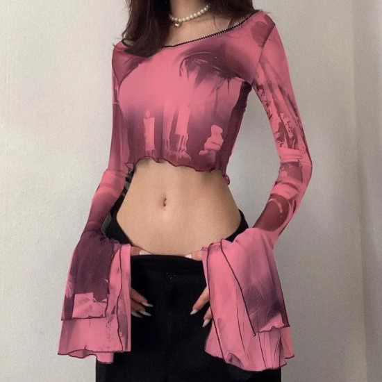 Women Gothic Autumn Slim-Fit Mesh Printed Pullover Flare Long-Sleeved See-Through Crop Top