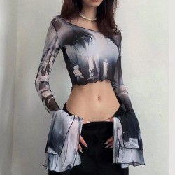 Women Gothic Autumn Slim-Fit Mesh Printed Pullover Flare Long-Sleeved See-Through Crop Top