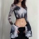 Women Gothic Autumn Slim-Fit Mesh Printed Pullover Flare Long-Sleeved See-Through Crop Top
