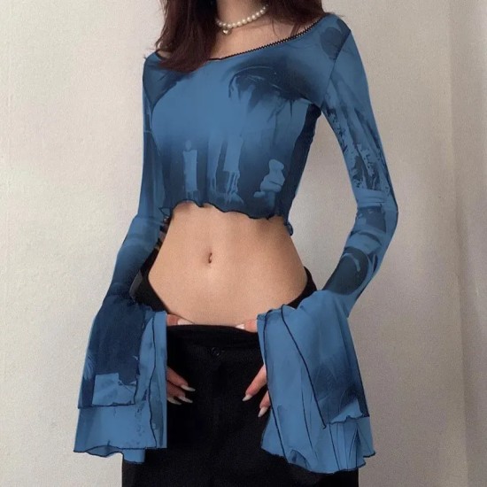 Women Gothic Autumn Slim-Fit Mesh Printed Pullover Flare Long-Sleeved See-Through Crop Top