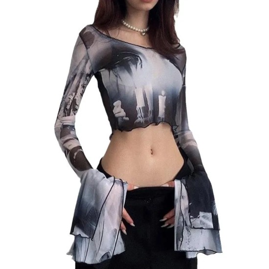 Women Gothic Autumn Slim-Fit Mesh Printed Pullover Flare Long-Sleeved See-Through Crop Top