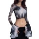 Women Gothic Autumn Slim-Fit Mesh Printed Pullover Flare Long-Sleeved See-Through Crop Top