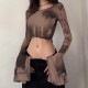 Women Gothic Autumn Slim-Fit Mesh Printed Pullover Flare Long-Sleeved See-Through Crop Top