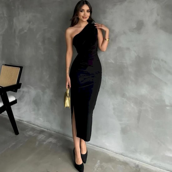 Summer Slant Shoulder Solid Color Split Fashion Sexy Elegant Slim-Fit Dress Women