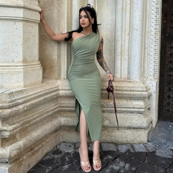 Summer Slant Shoulder Solid Color Split Fashion Sexy Elegant Slim-Fit Dress Women