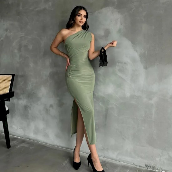 Summer Slant Shoulder Solid Color Split Fashion Sexy Elegant Slim-Fit Dress Women