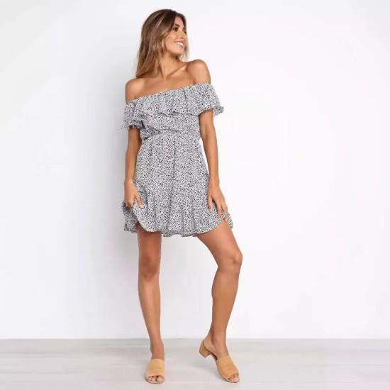 Sexy Women Summer Vacation Off-Shoulder Ruffled Short Sleeve Dress