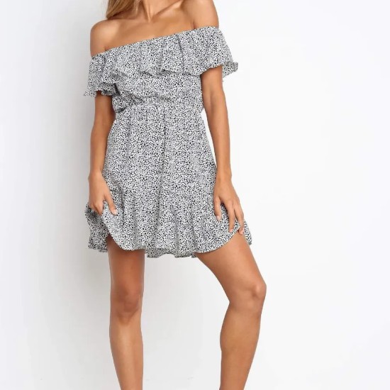 Sexy Women Summer Vacation Off-Shoulder Ruffled Short Sleeve Dress