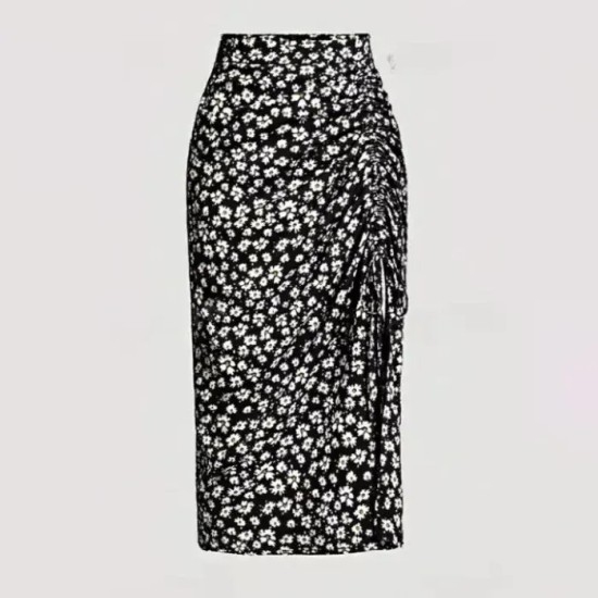 Women Fashion Sexy Floral Printed High Waist Drawstring Split Skirt
