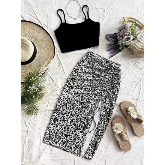 Women Fashion Sexy Floral Printed High Waist Drawstring Split Skirt