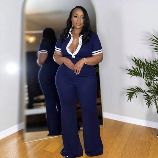 Women Fashion Casual Color-Contrast Lapel V-Neck Short-Sleeve Slim-Fit Jumpsuits