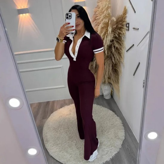 Women Fashion Casual Color-Contrast Lapel V-Neck Short-Sleeve Slim-Fit Jumpsuits