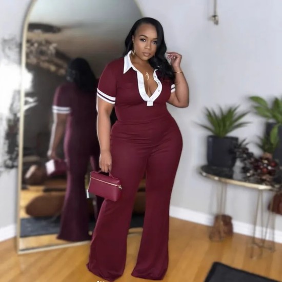 Women Fashion Casual Color-Contrast Lapel V-Neck Short-Sleeve Slim-Fit Jumpsuits