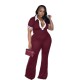 Women Fashion Casual Color-Contrast Lapel V-Neck Short-Sleeve Slim-Fit Jumpsuits