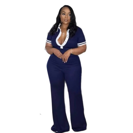 Women Fashion Casual Color-Contrast Lapel V-Neck Short-Sleeve Slim-Fit Jumpsuits