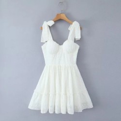 Women Fashion Sexy Solid Color Embroidered V-Neck Sleeveless Loose Dress