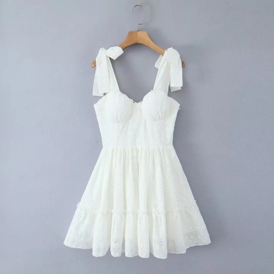 Women Fashion Sexy Solid Color Embroidered V-Neck Sleeveless Loose Dress