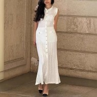 Women Fashion Elegant Knitted Sleeveless Single-Breasted Hollow-Out Dress