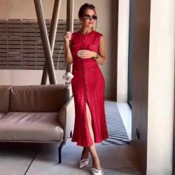 Women Fashion Elegant Knitted Sleeveless Single-Breasted Hollow-Out Dress