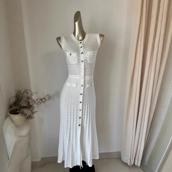 Women Fashion Elegant Knitted Sleeveless Single-Breasted Hollow-Out Dress