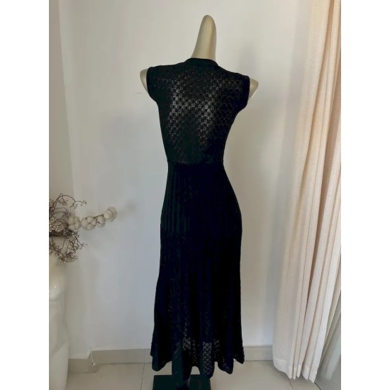 Women Fashion Elegant Knitted Sleeveless Single-Breasted Hollow-Out Dress