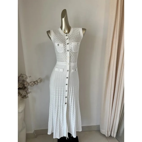 Women Fashion Elegant Knitted Sleeveless Single-Breasted Hollow-Out Dress
